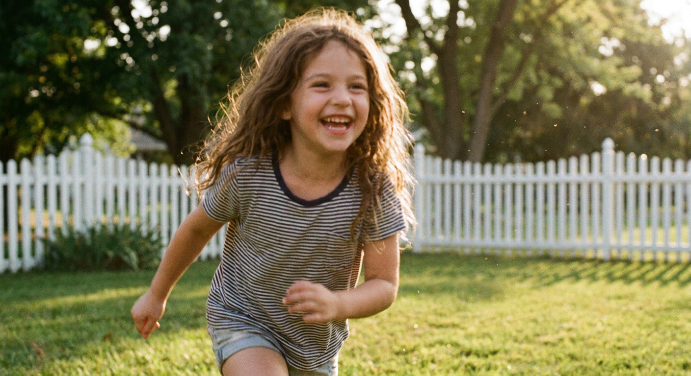Happy child running in a New Jersey backyard after successful lice treatment