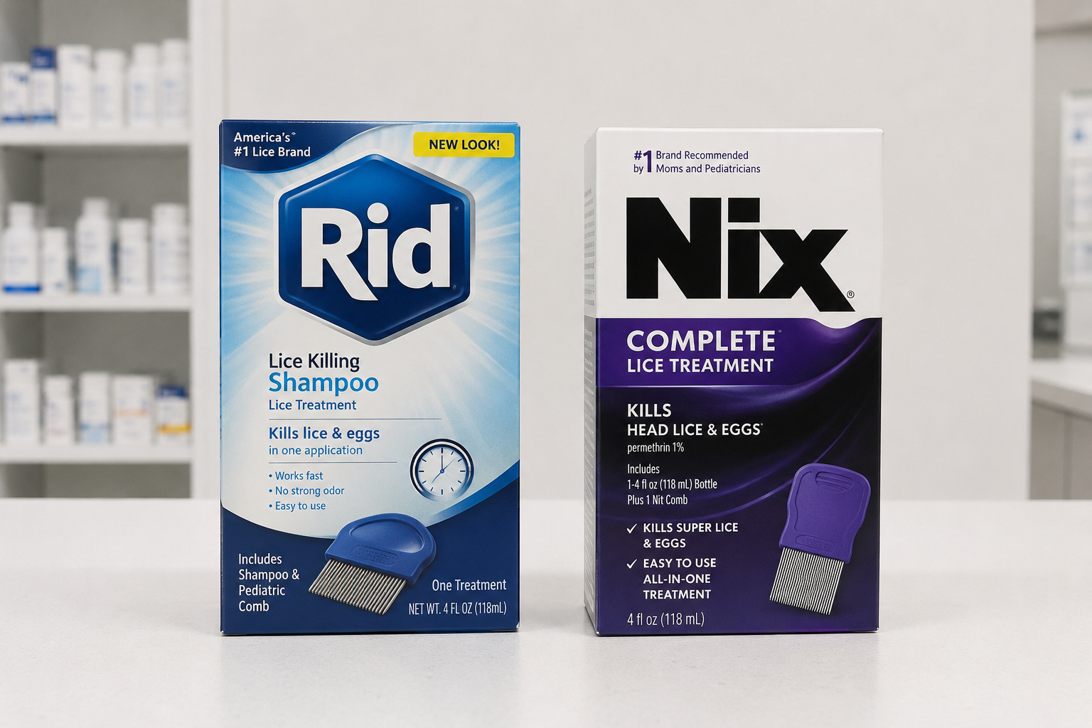 Realistic drugstore shelf scene with two well-known lice treatment brands positioned side by side on a white shelf. Soft overhead pharmacy-style lighting. Close-up angle on the product packaging showing the front face of each box. No text overlays, no graphic elements, clean and clinical aesthetic.