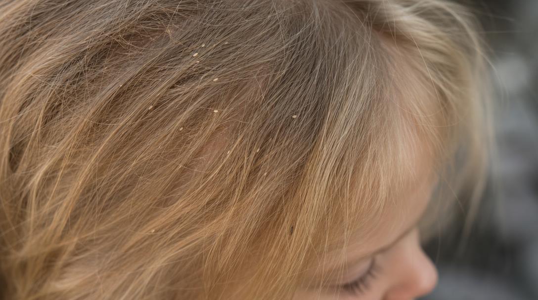 Close-up of a child's light-colored hair with visible head lice and eggs among the strands