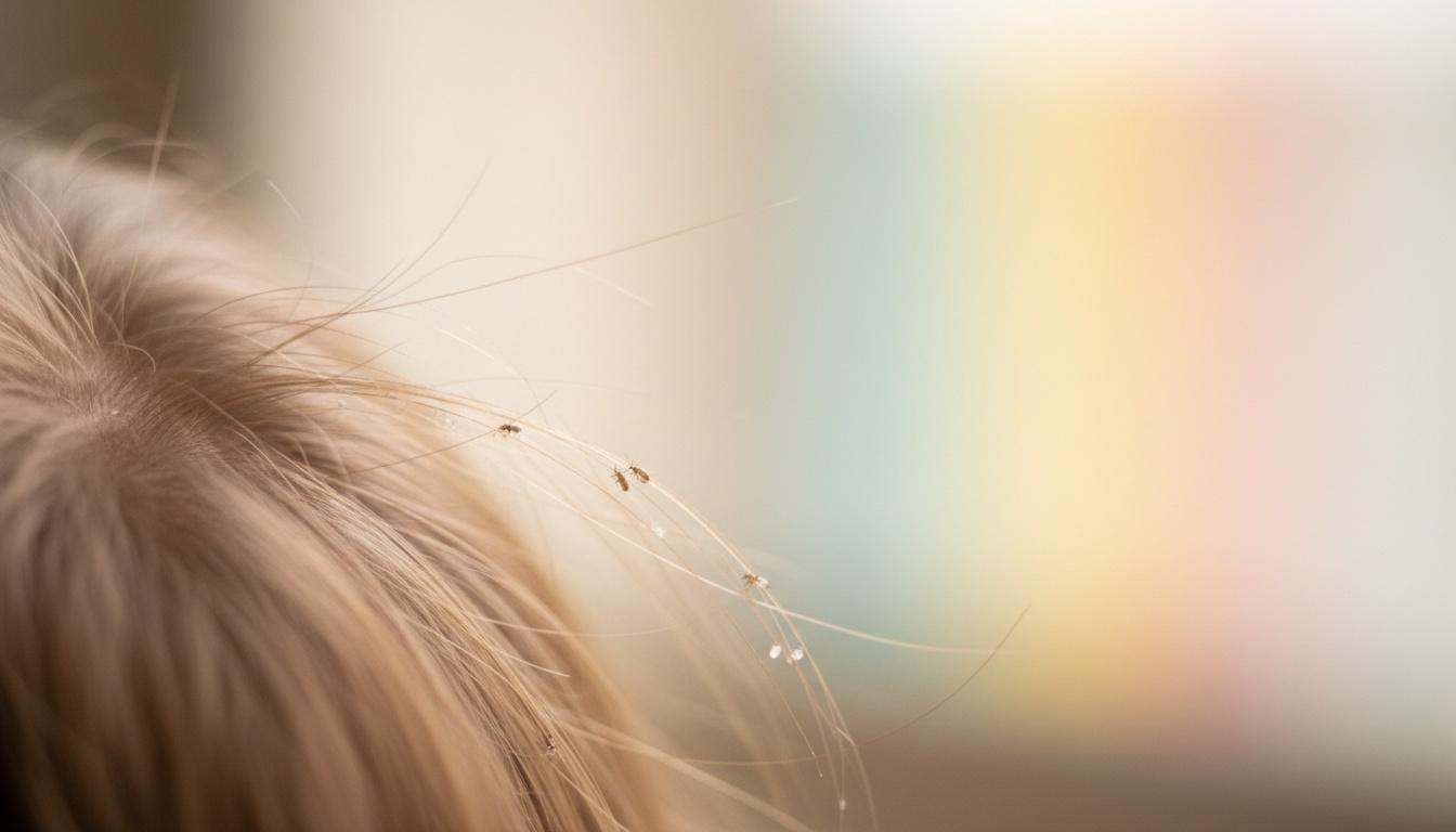Close-up of a child's hair with head lice visibly crawling in the strands