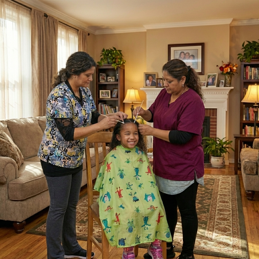 Happy family at home after successful lice treatment